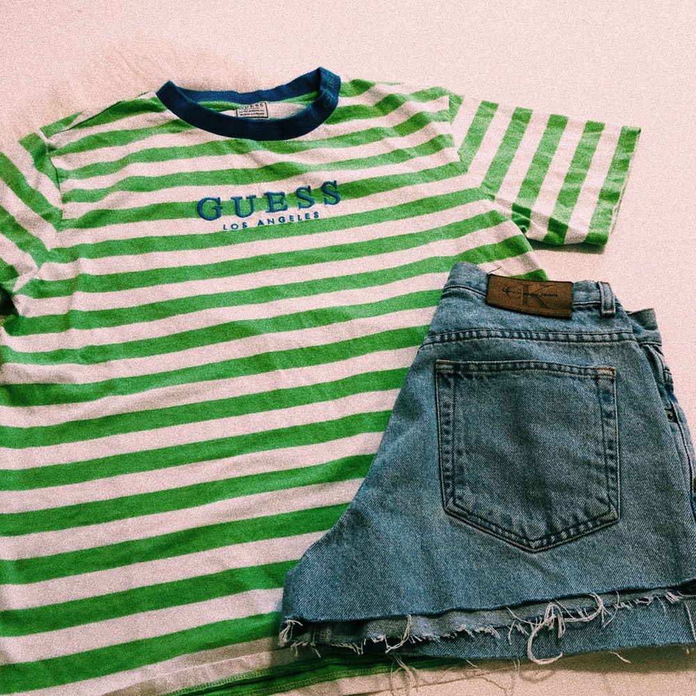 Vintage 90s Style Guess Green Striped T-shirt